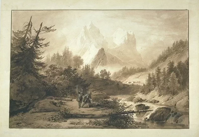Un uomo che spacca la legna e un altro che tiene una balestra, in montagna - Louvre Collections
